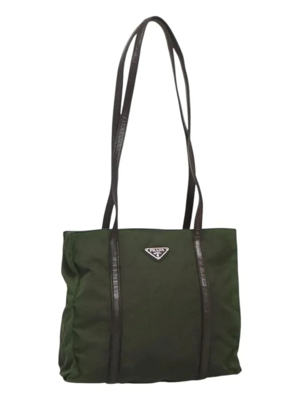 PRADA Tote Bag Nylon Khaki Brown Silver Auth bs22976